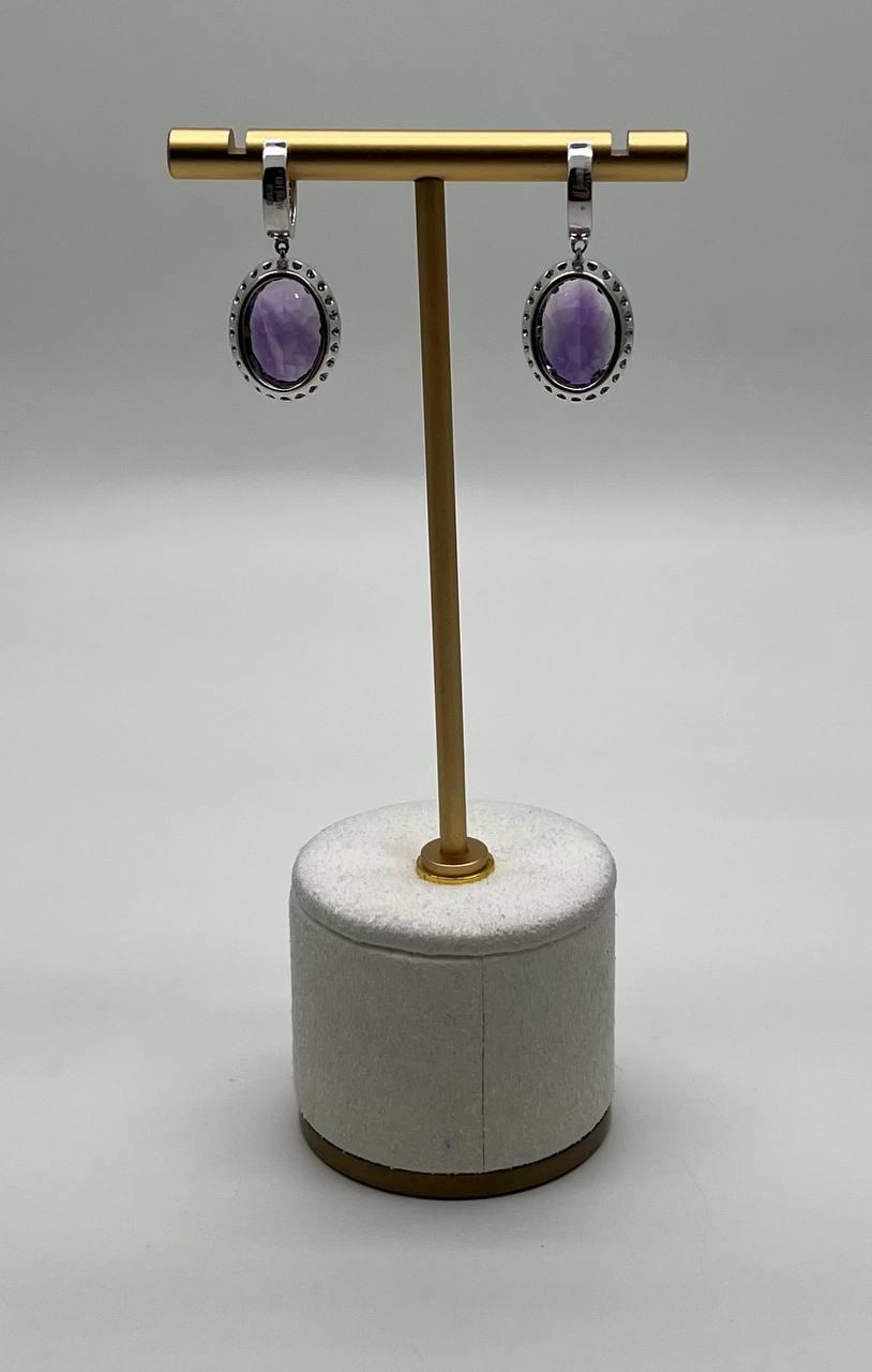 Violet Purple Amethyst Diamond Pave Halo 14K White Gold Statement Drop Earrings