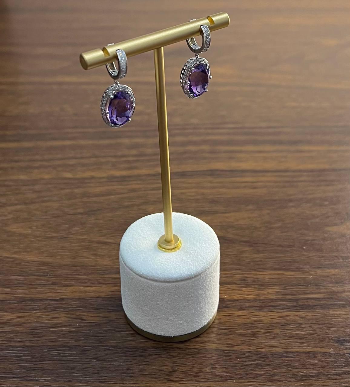 Violet Purple Amethyst Diamond Pave Halo 14K White Gold Statement Drop Earrings