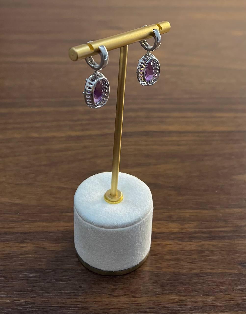 Violet Purple Amethyst Diamond Pave Halo 14K White Gold Statement Drop Earrings