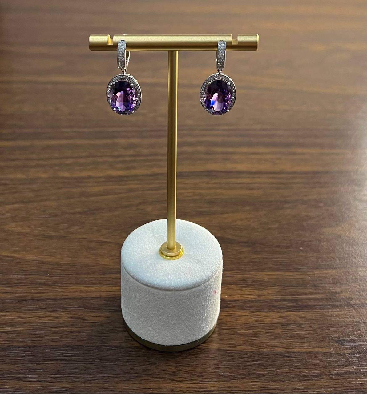 Violet Purple Amethyst Diamond Pave Halo 14K White Gold Statement Drop Earrings