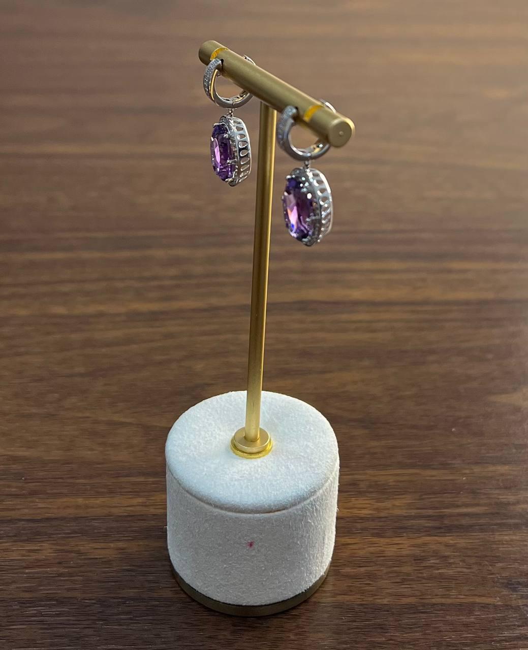 Violet Purple Amethyst Diamond Pave Halo 14K White Gold Statement Drop Earrings