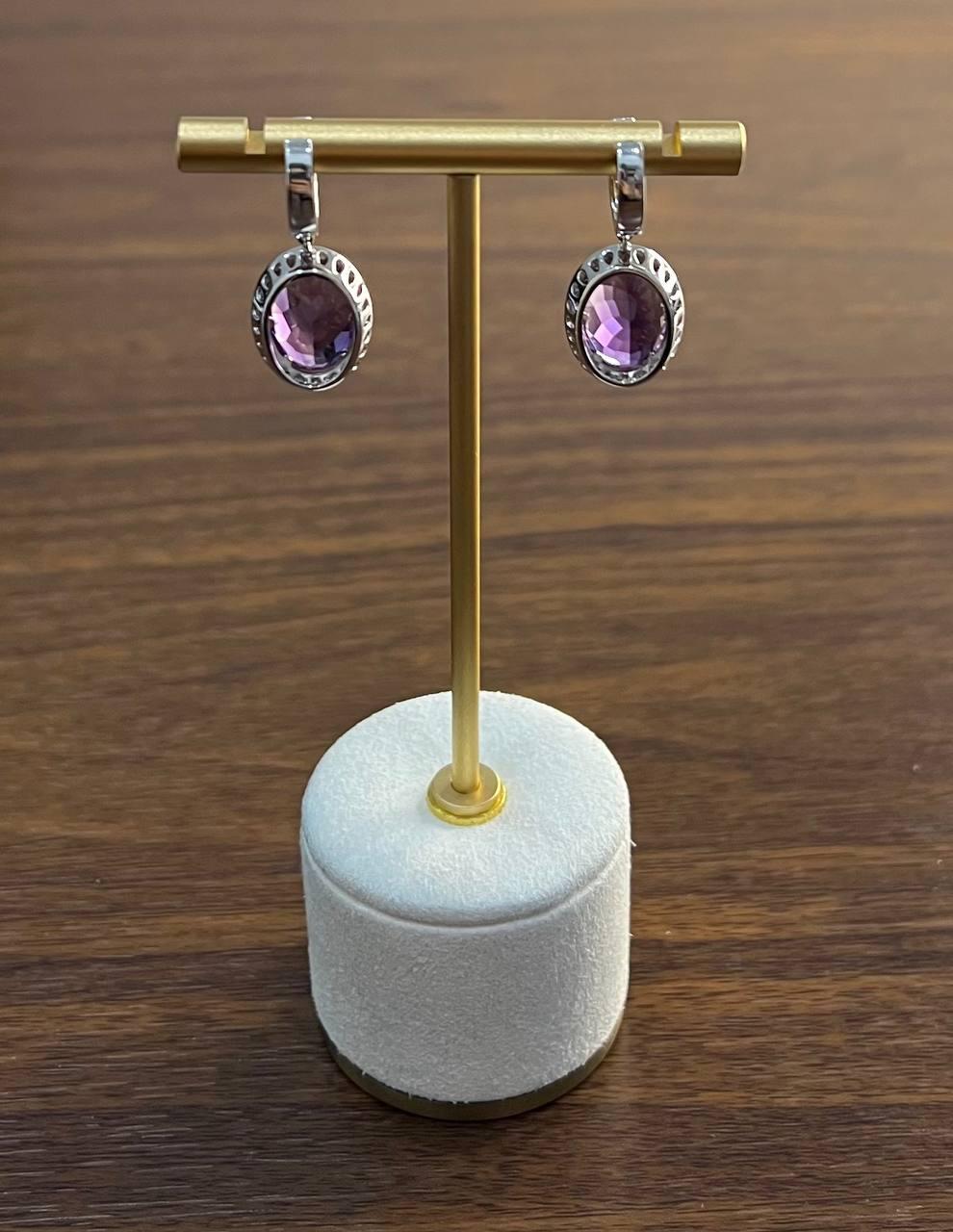 Violet Purple Amethyst Diamond Pave Halo 14K White Gold Statement Drop Earrings