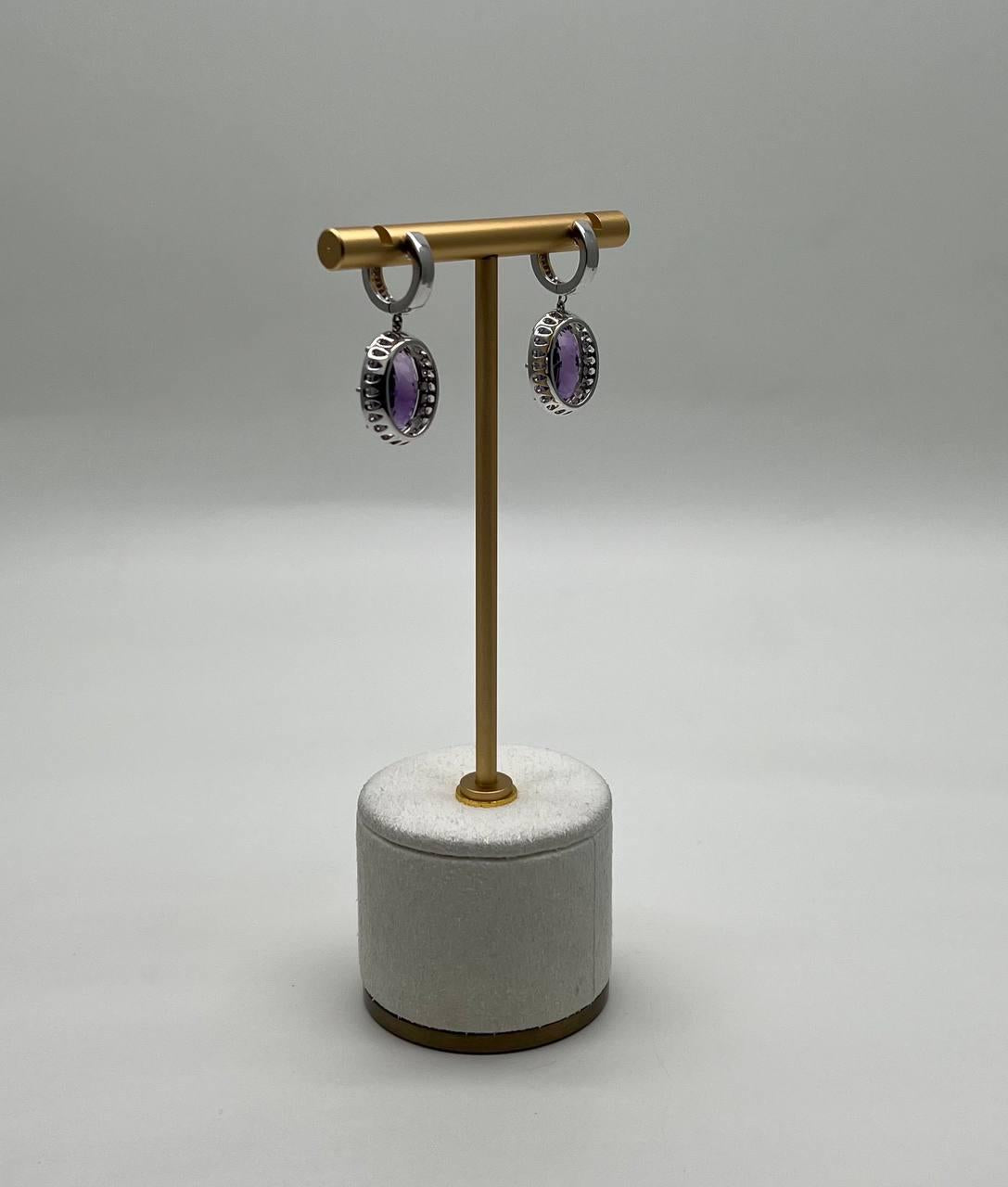 Violet Purple Amethyst Diamond Pave Halo 14K White Gold Statement Drop Earrings