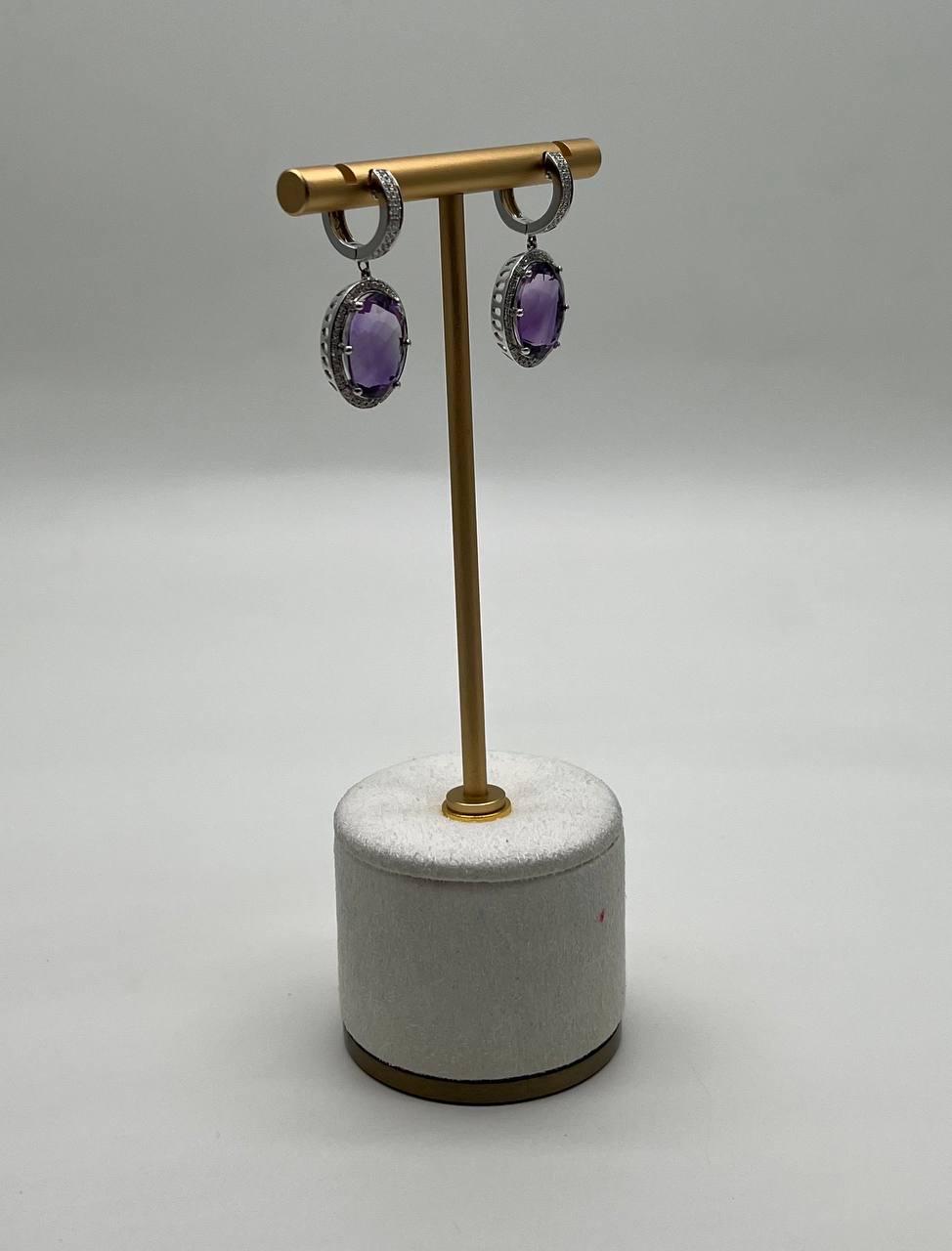 Violet Purple Amethyst Diamond Pave Halo 14K White Gold Statement Drop Earrings