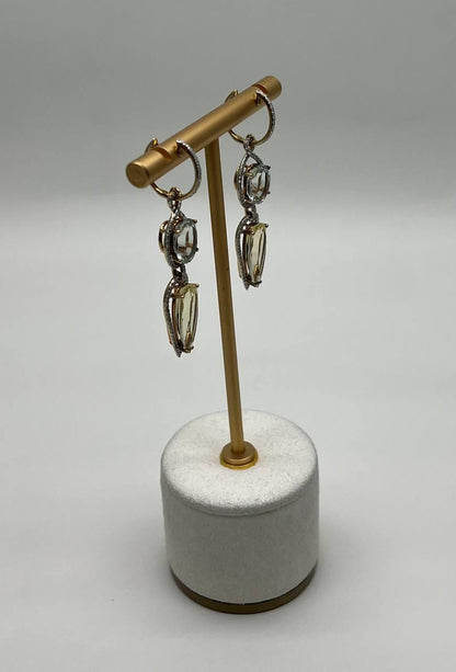 Yellow Lemon Quartz Green Amethyst Prasiolite 14K Gold Drop Diamonds Earrings