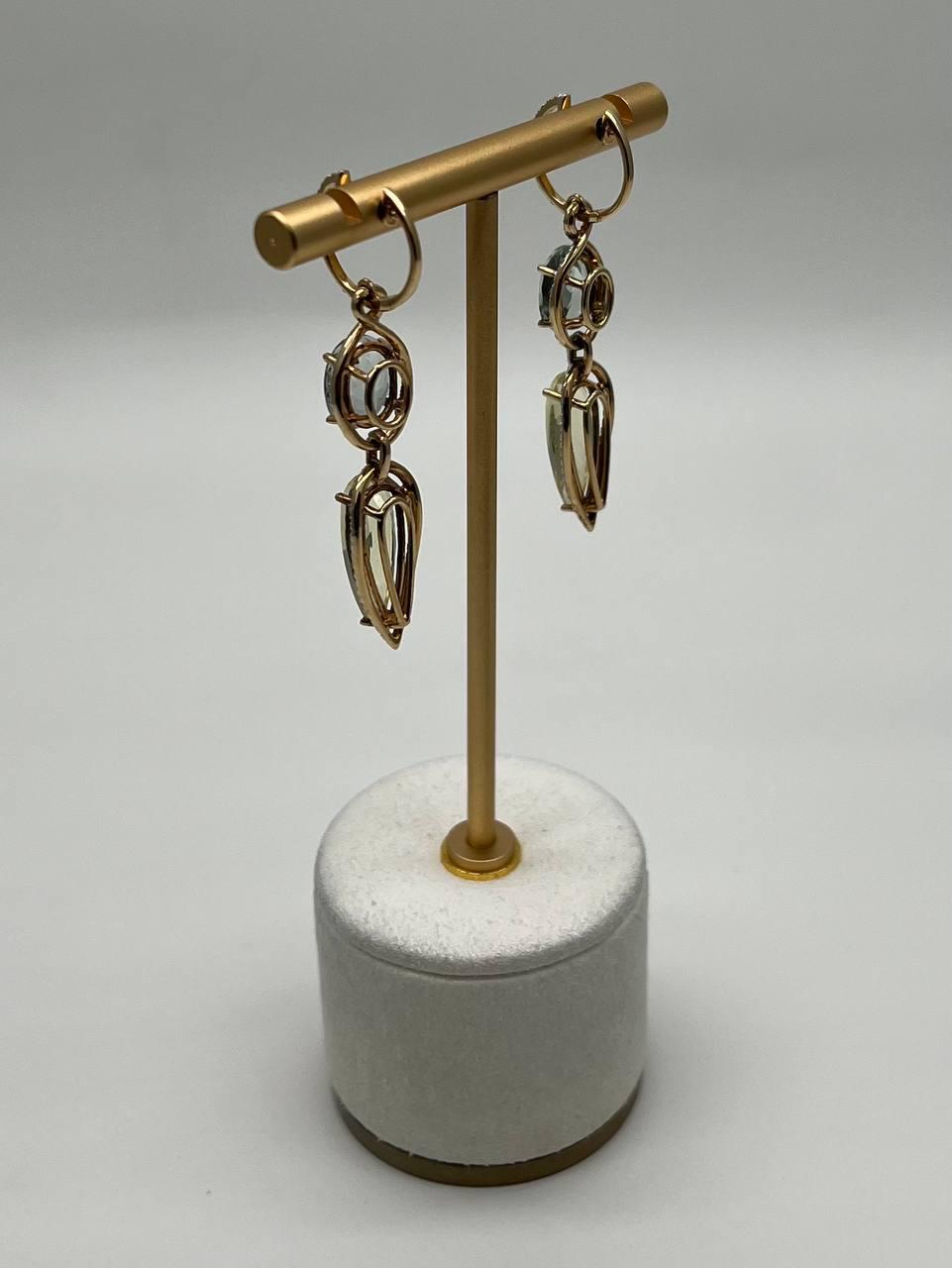 Yellow Lemon Quartz Green Amethyst Prasiolite 14K Gold Drop Diamonds Earrings
