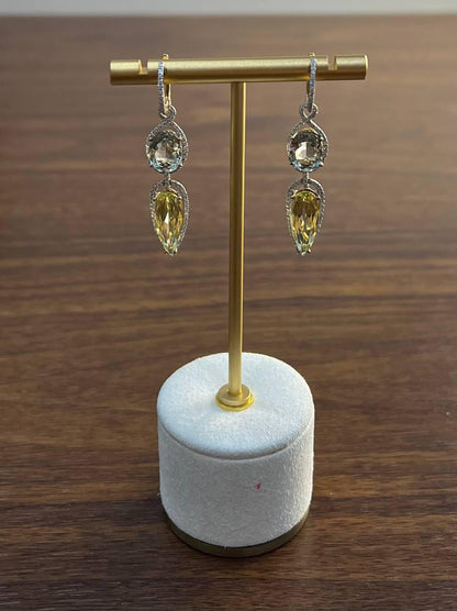 Yellow Lemon Quartz Green Amethyst Prasiolite 14K Gold Drop Diamonds Earrings