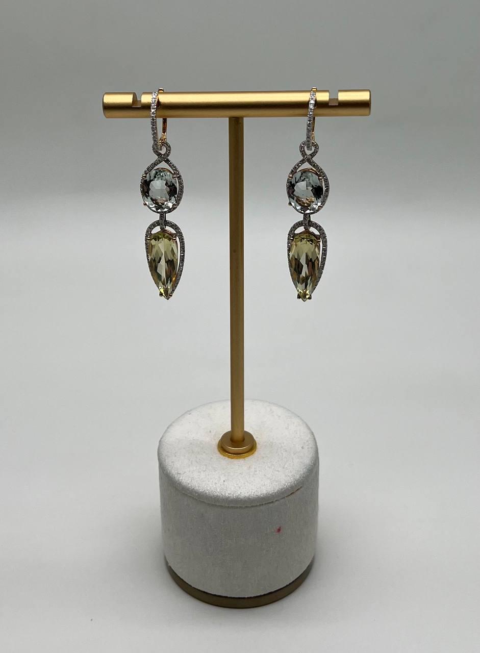 Yellow Lemon Quartz Green Amethyst Prasiolite 14K Gold Drop Diamonds Earrings