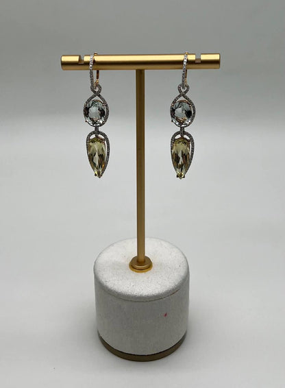 Yellow Lemon Quartz Green Amethyst Prasiolite 14K Gold Drop Diamonds Earrings