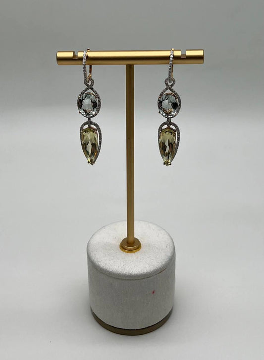 Yellow Lemon Quartz Green Amethyst Prasiolite 14K Gold Drop Diamonds Earrings