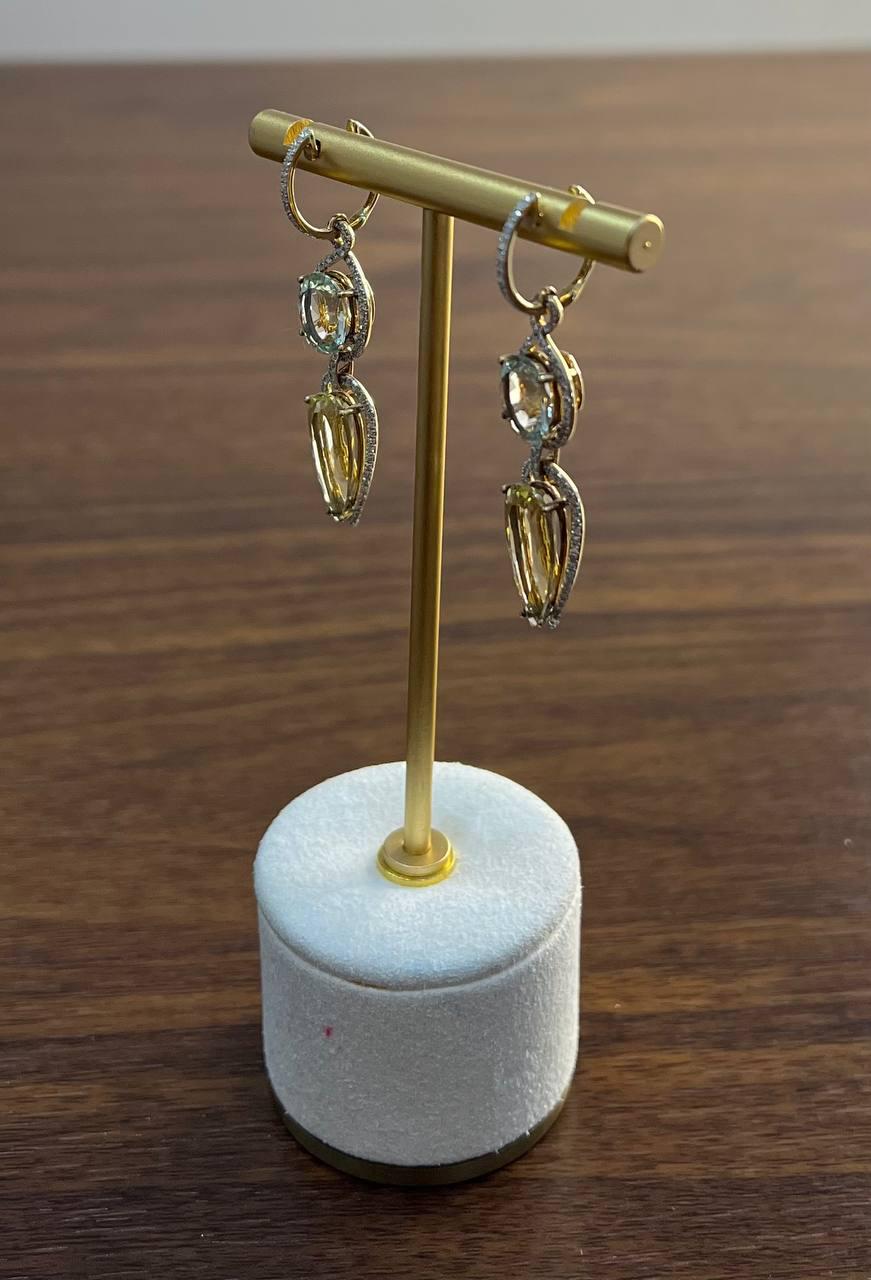 Yellow Lemon Quartz Green Amethyst Prasiolite 14K Gold Drop Diamonds Earrings