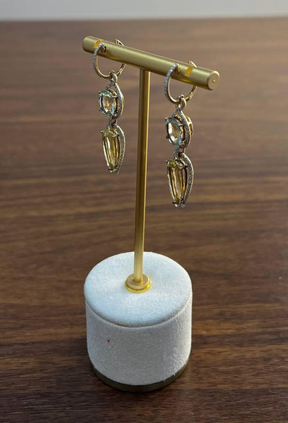 Yellow Lemon Quartz Green Amethyst Prasiolite 14K Gold Drop Diamonds Earrings