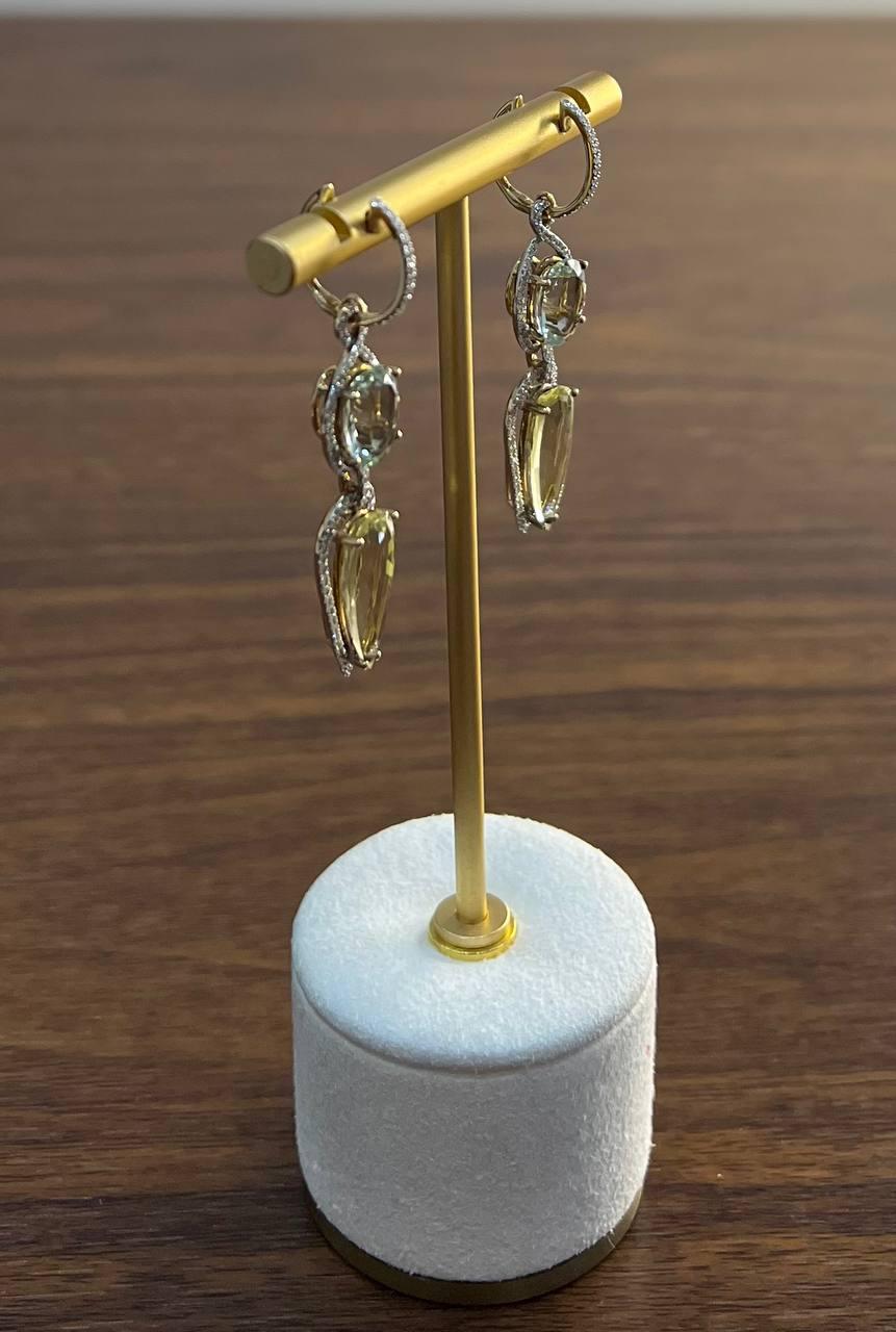 Yellow Lemon Quartz Green Amethyst Prasiolite 14K Gold Drop Diamonds Earrings