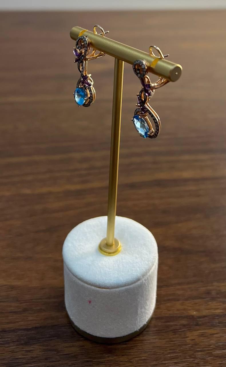 Swiss Blue Topaz Floral Flower Nature Branch Amethyst Motif Rose Gold Earrings