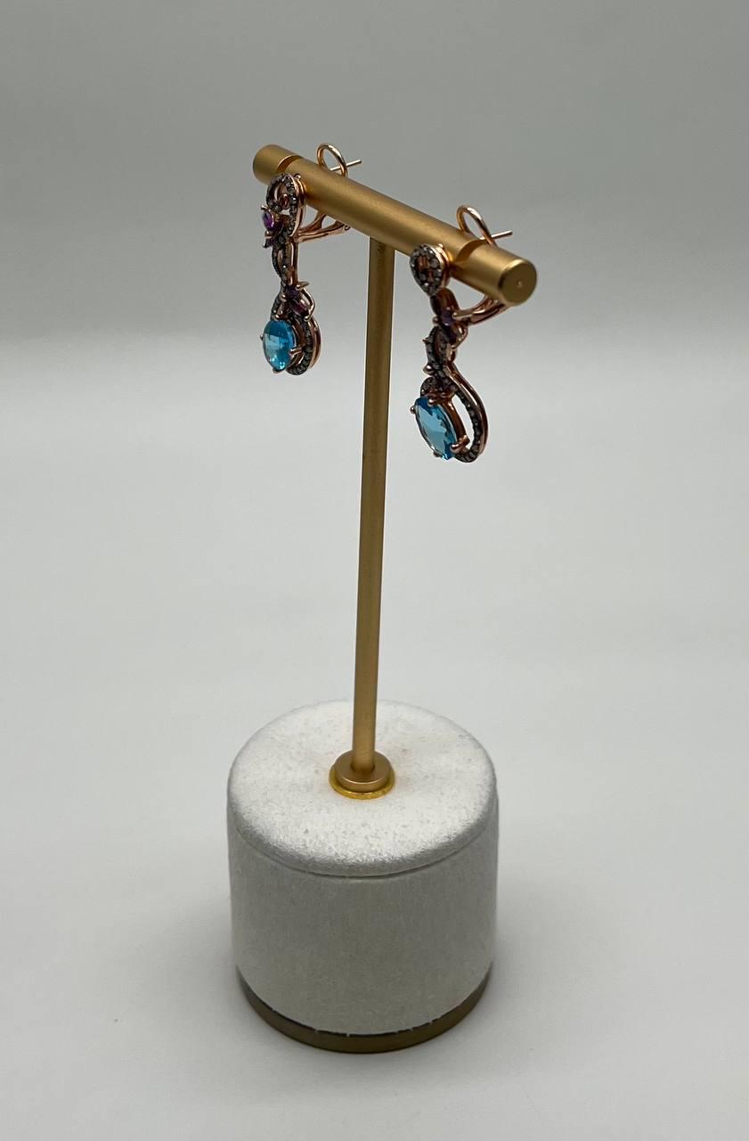Swiss Blue Topaz Floral Flower Nature Branch Amethyst Motif Rose Gold Earrings
