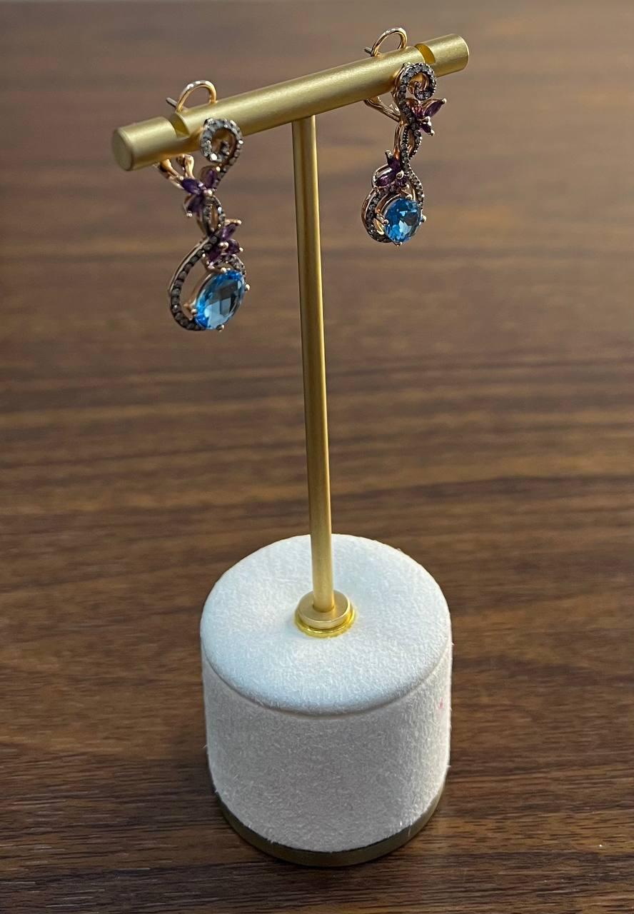 Swiss Blue Topaz Floral Flower Nature Branch Amethyst Motif Rose Gold Earrings