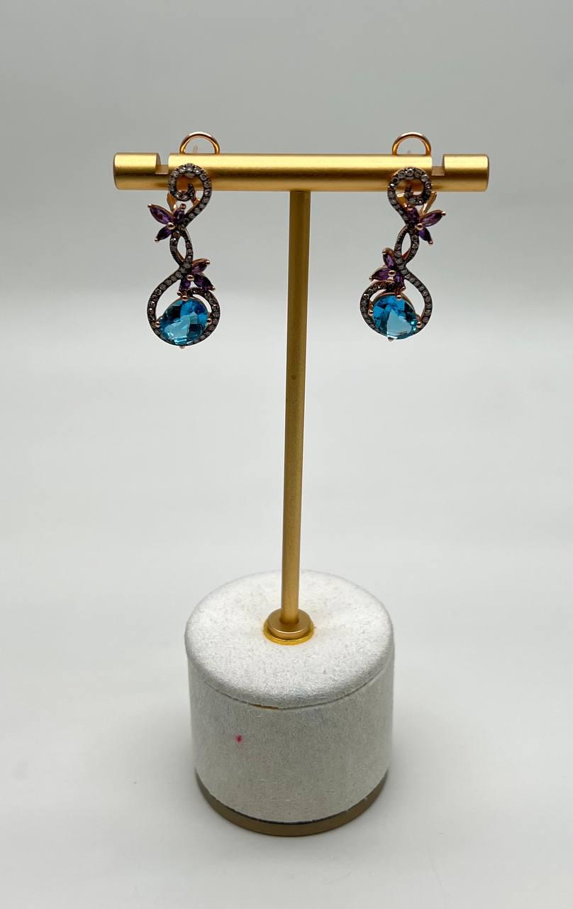 Swiss Blue Topaz Floral Flower Nature Branch Amethyst Motif Rose Gold Earrings