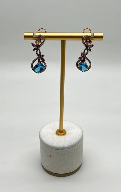 Swiss Blue Topaz Floral Flower Nature Branch Amethyst Motif Rose Gold Earrings