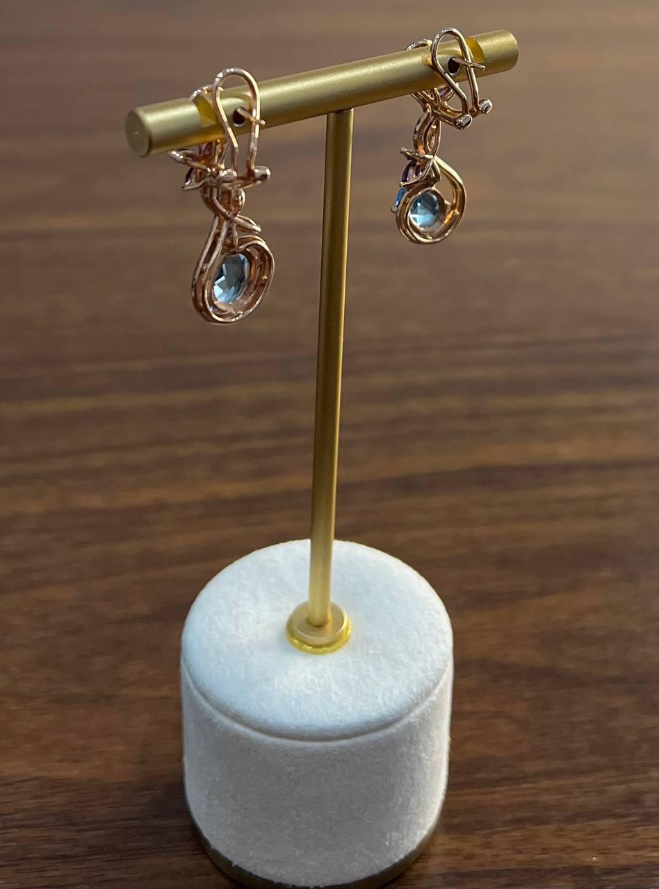 Swiss Blue Topaz Floral Flower Nature Branch Amethyst Motif Rose Gold Earrings