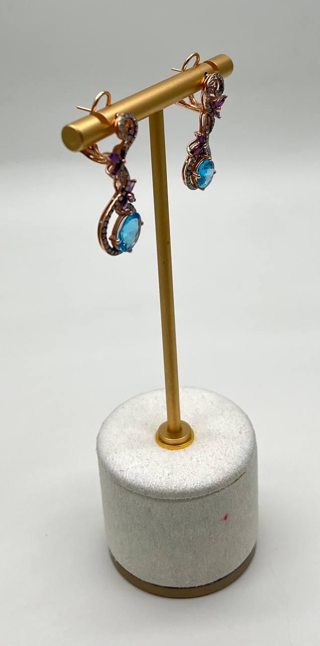 Swiss Blue Topaz Floral Flower Nature Branch Amethyst Motif Rose Gold Earrings