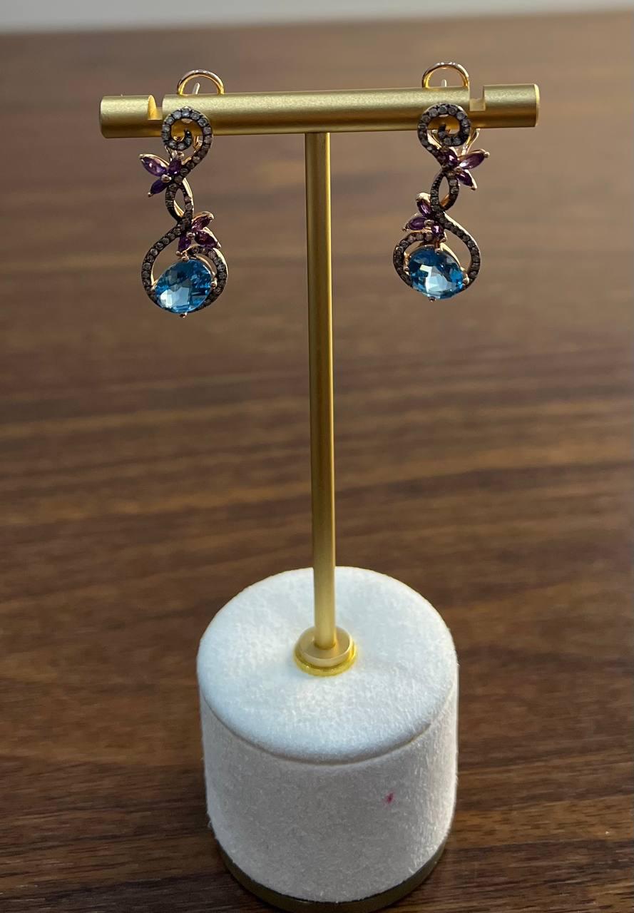swiss blue topaz floral flower nature branch amethyst motif rose gold earrings