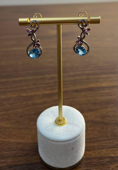 Swiss Blue Topaz Floral Flower Nature Branch Amethyst Motif Rose Gold Earrings
