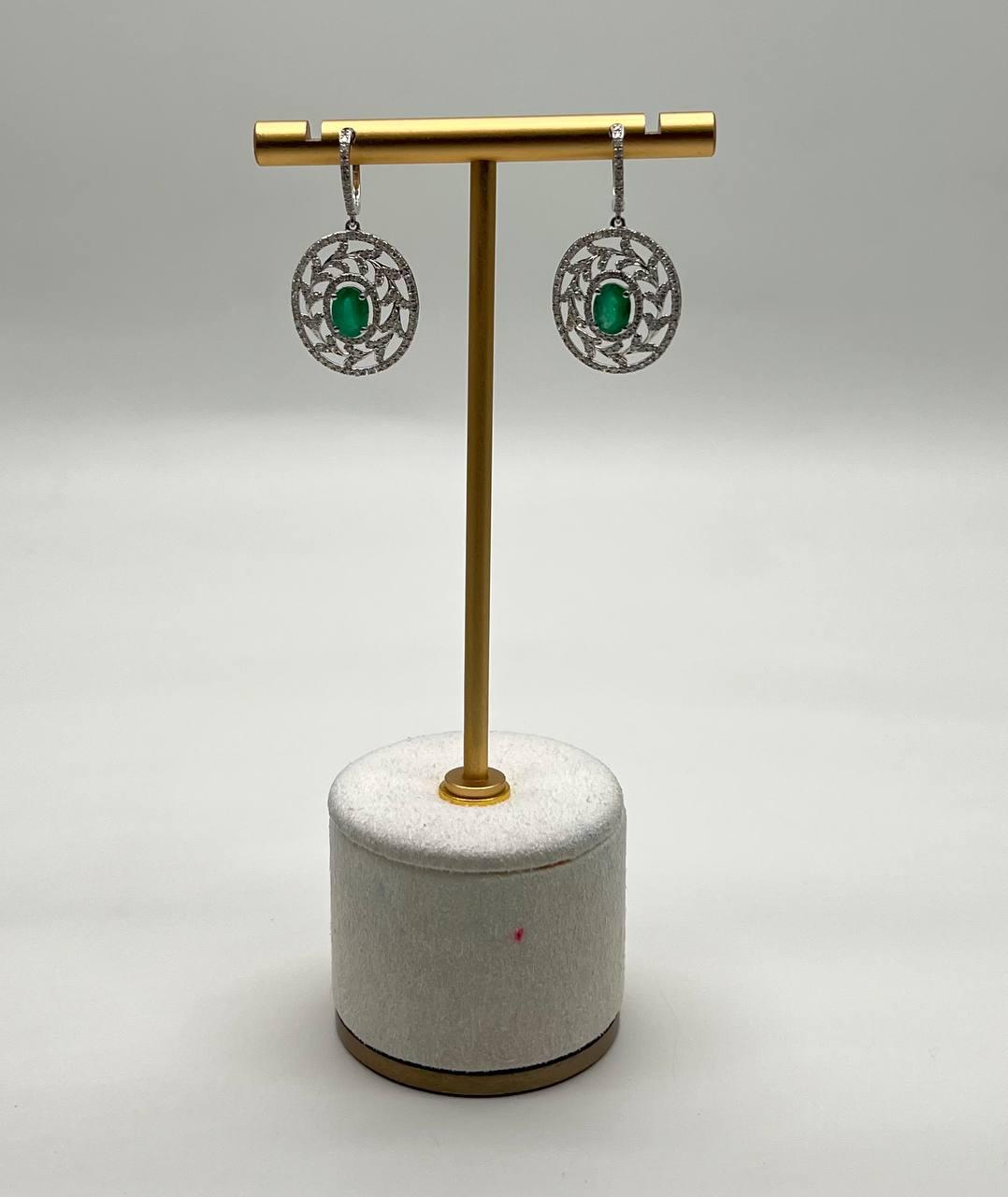 Oval Green Emerald Diamond Halo Lattice 14K White Gold Statement Drop Earrings