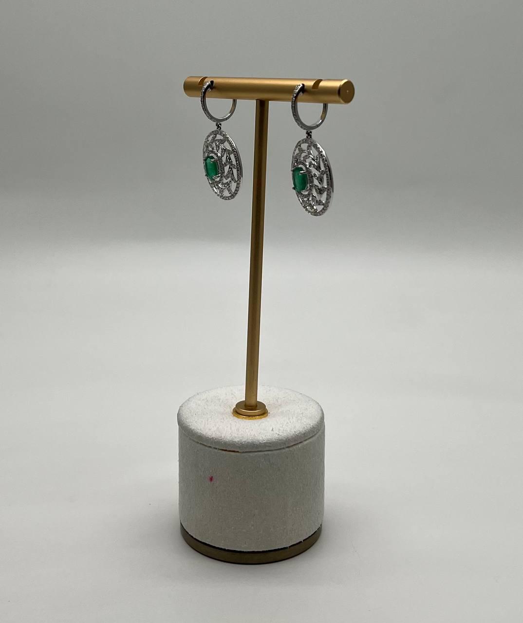 Oval Green Emerald Diamond Halo Lattice 14K White Gold Statement Drop Earrings