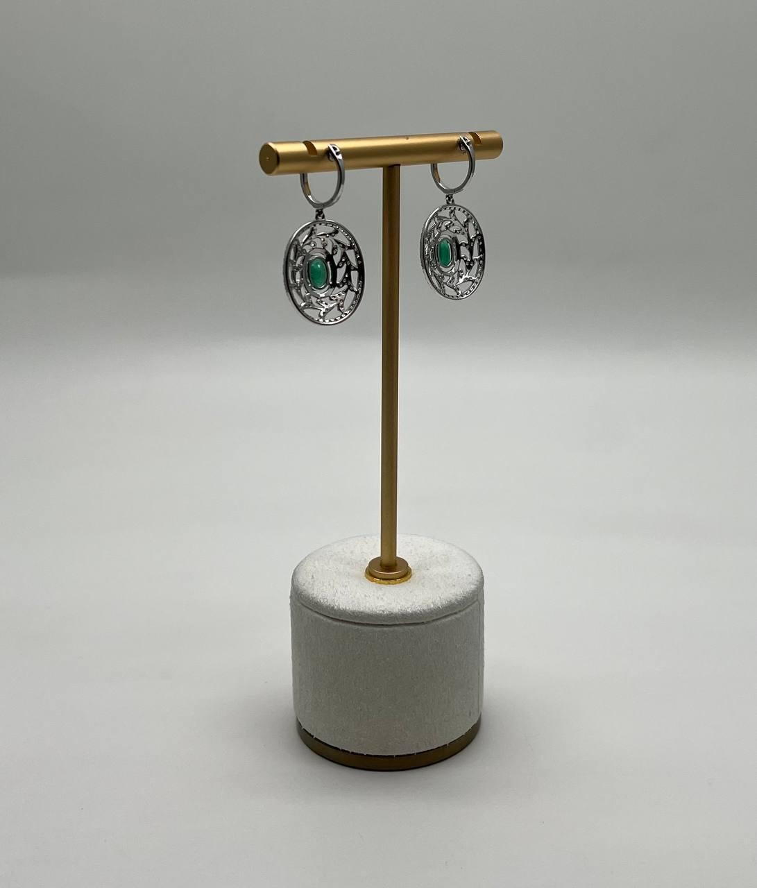 Oval Green Emerald Diamond Halo Lattice 14K White Gold Statement Drop Earrings