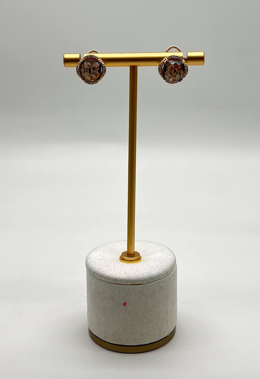 Round Shape Brown Smoky Quartz 14K Yellow Gold Diamonds Halo Set Stud Earrings