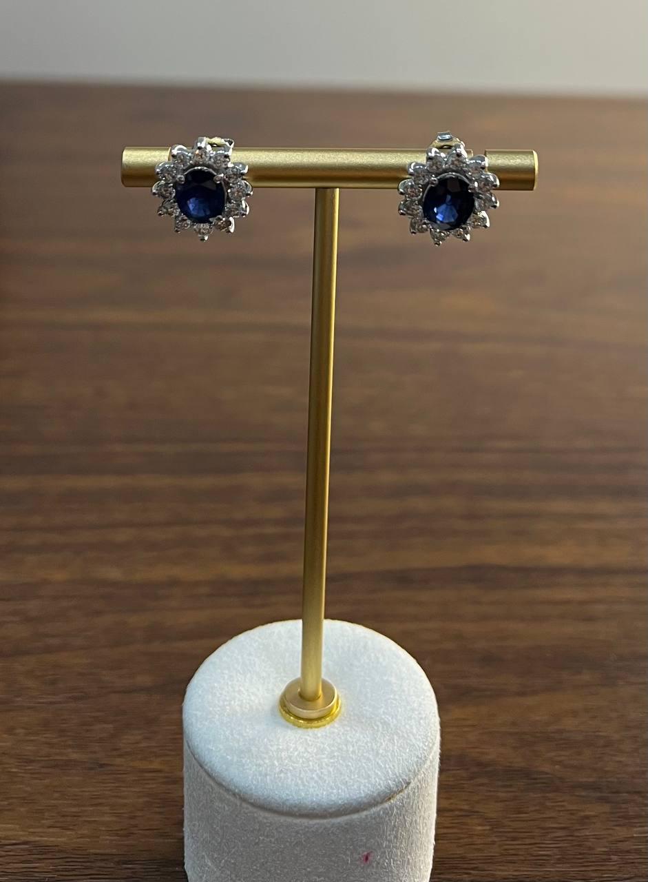 Blue Sapphire White Diamonds Halo Set Starburst 14K White Gold Stud Earrings