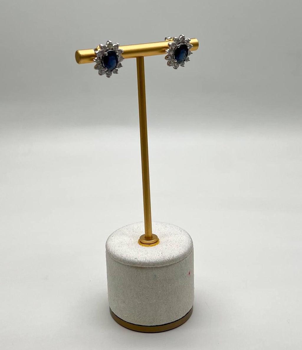 Blue Sapphire White Diamonds Halo Set Starburst 14K White Gold Stud Earrings