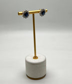 Blue Sapphire White Diamonds Halo Set Starburst 14K White Gold Stud Earrings
