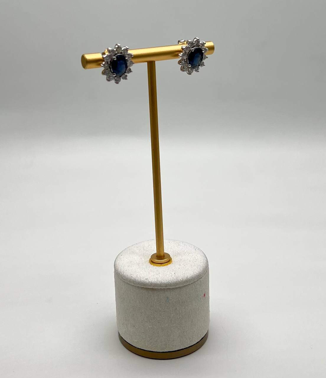 Blue Sapphire White Diamonds Halo Set Starburst 14K White Gold Stud Earrings