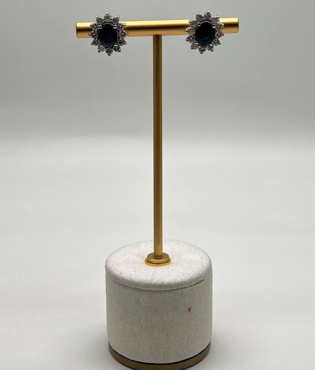 Blue Sapphire White Diamonds Halo Set Starburst 14K White Gold Stud Earrings