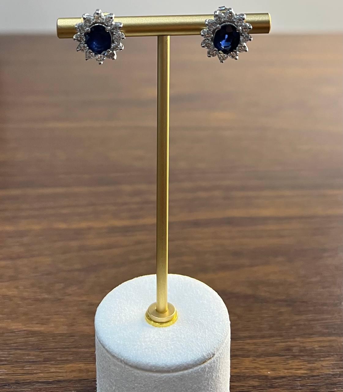 Blue Sapphire White Diamonds Halo Set Starburst 14K White Gold Stud Earrings