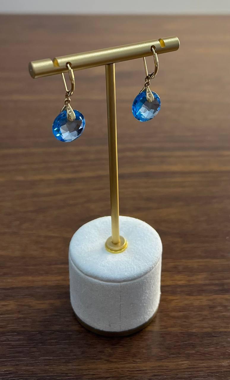 Round Shape Circle Cut Swiss Blue Topaz Diamond 14K Yellow Gold Drop Earrings