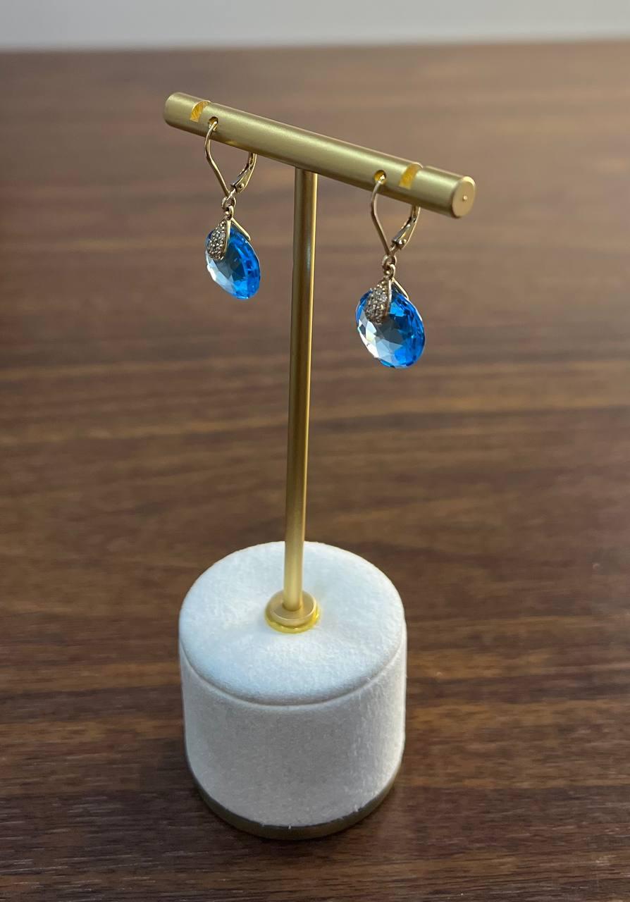 Round Shape Circle Cut Swiss Blue Topaz Diamond 14K Yellow Gold Drop Earrings