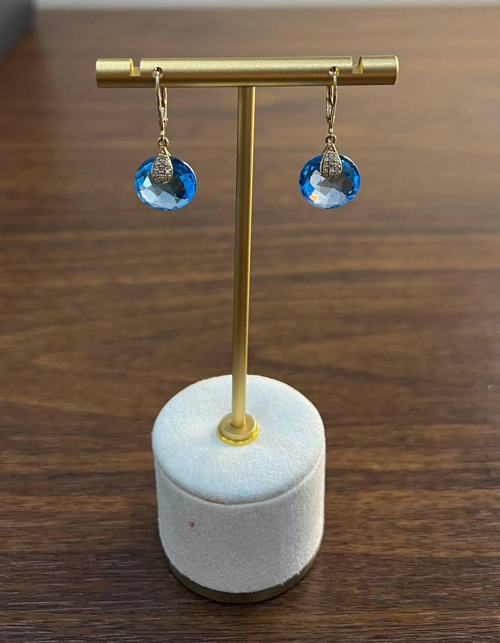 Round Shape Circle Cut Swiss Blue Topaz Diamond 14K Yellow Gold Drop Earrings