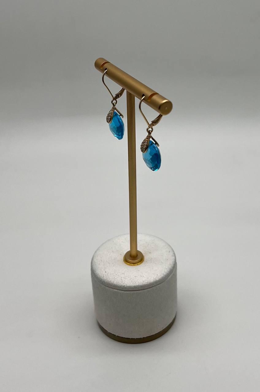 Round Shape Circle Cut Swiss Blue Topaz Diamond 14K Yellow Gold Drop Earrings