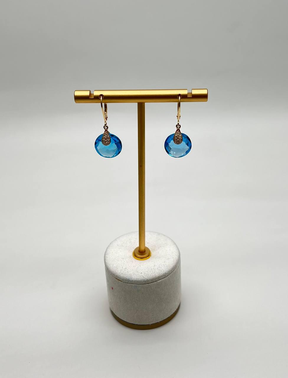 Round Shape Circle Cut Swiss Blue Topaz Diamond 14K Yellow Gold Drop Earrings