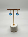 Round Shape Circle Cut Swiss Blue Topaz Diamond 14K Yellow Gold Drop Earrings