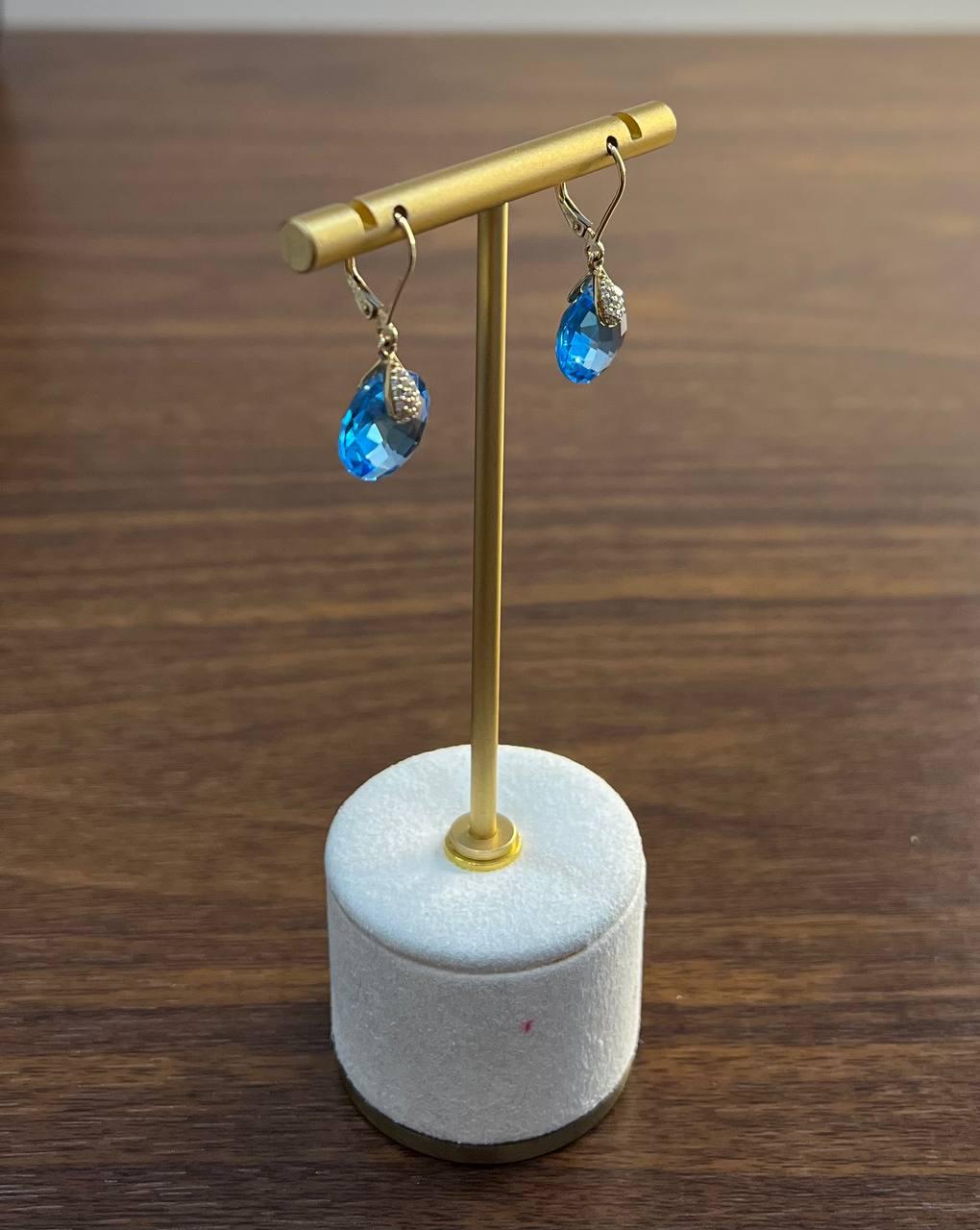 Round Shape Circle Cut Swiss Blue Topaz Diamond 14K Yellow Gold Drop Earrings
