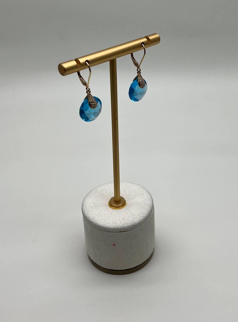 Round Shape Circle Cut Swiss Blue Topaz Diamond 14K Yellow Gold Drop Earrings