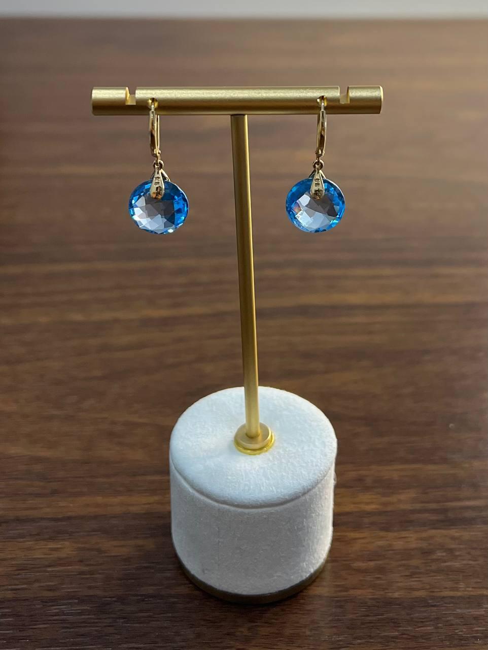 Round Shape Circle Cut Swiss Blue Topaz Diamond 14K Yellow Gold Drop Earrings