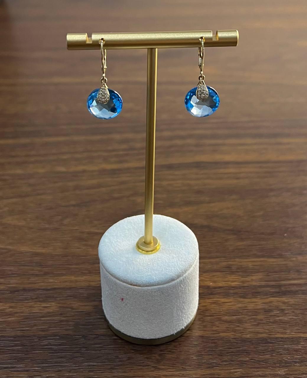 Round Shape Circle Cut Swiss Blue Topaz Diamond 14K Yellow Gold Drop Earrings