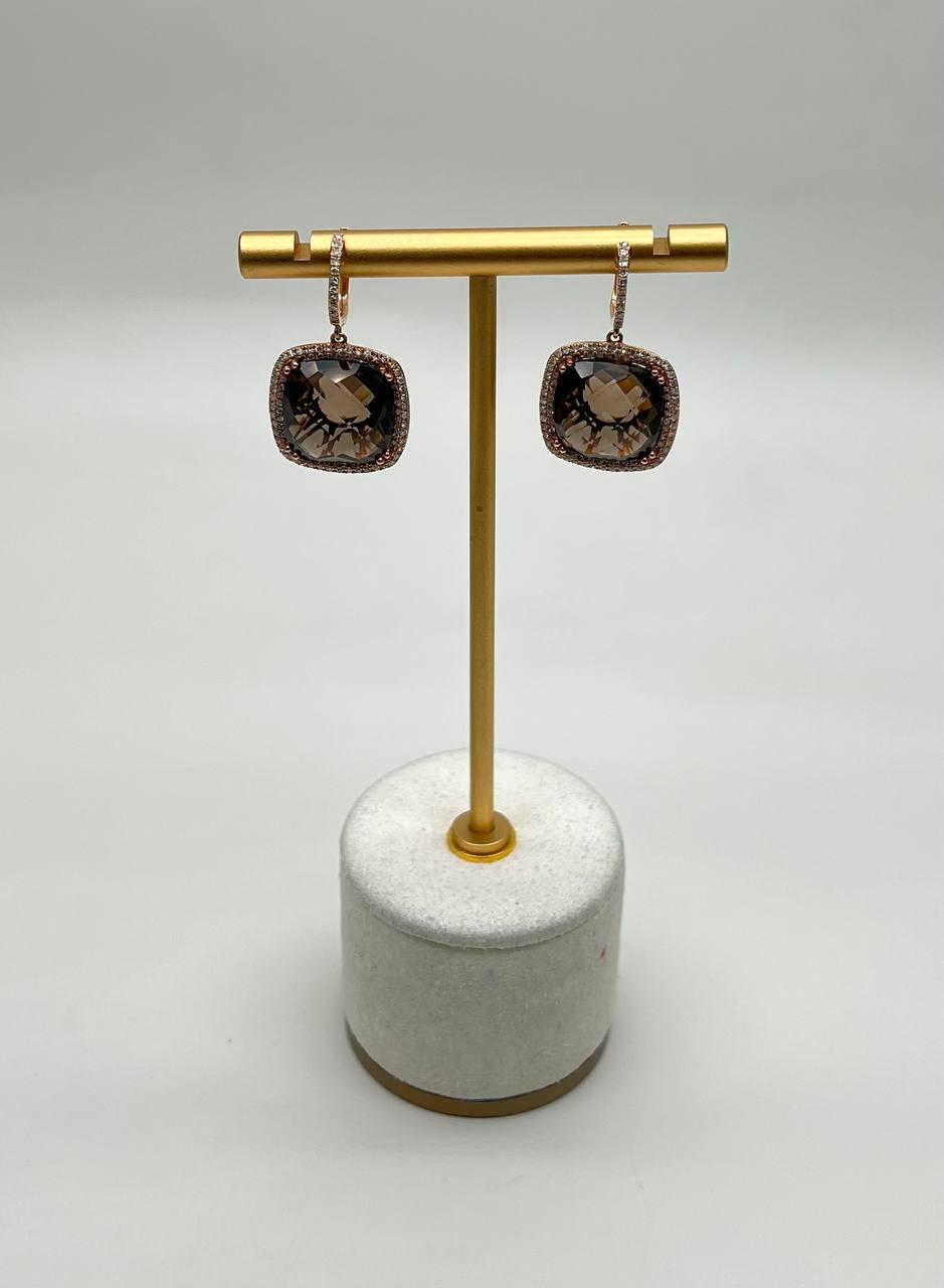 Cushion Shape Brown Smoky Quartz Diamond Halo Set 14K White Gold Drop Earrings