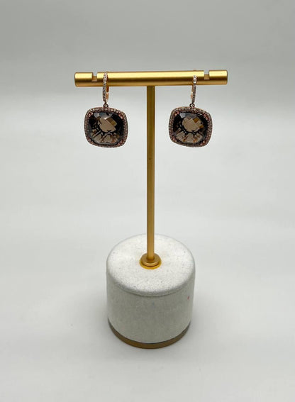 Cushion Shape Brown Smoky Quartz Diamond Halo Set 14K White Gold Drop Earrings