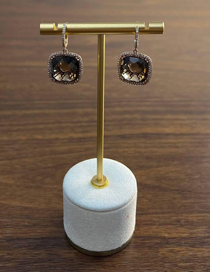 Cushion Shape Brown Smoky Quartz Diamond Halo Set 14K White Gold Drop Earrings