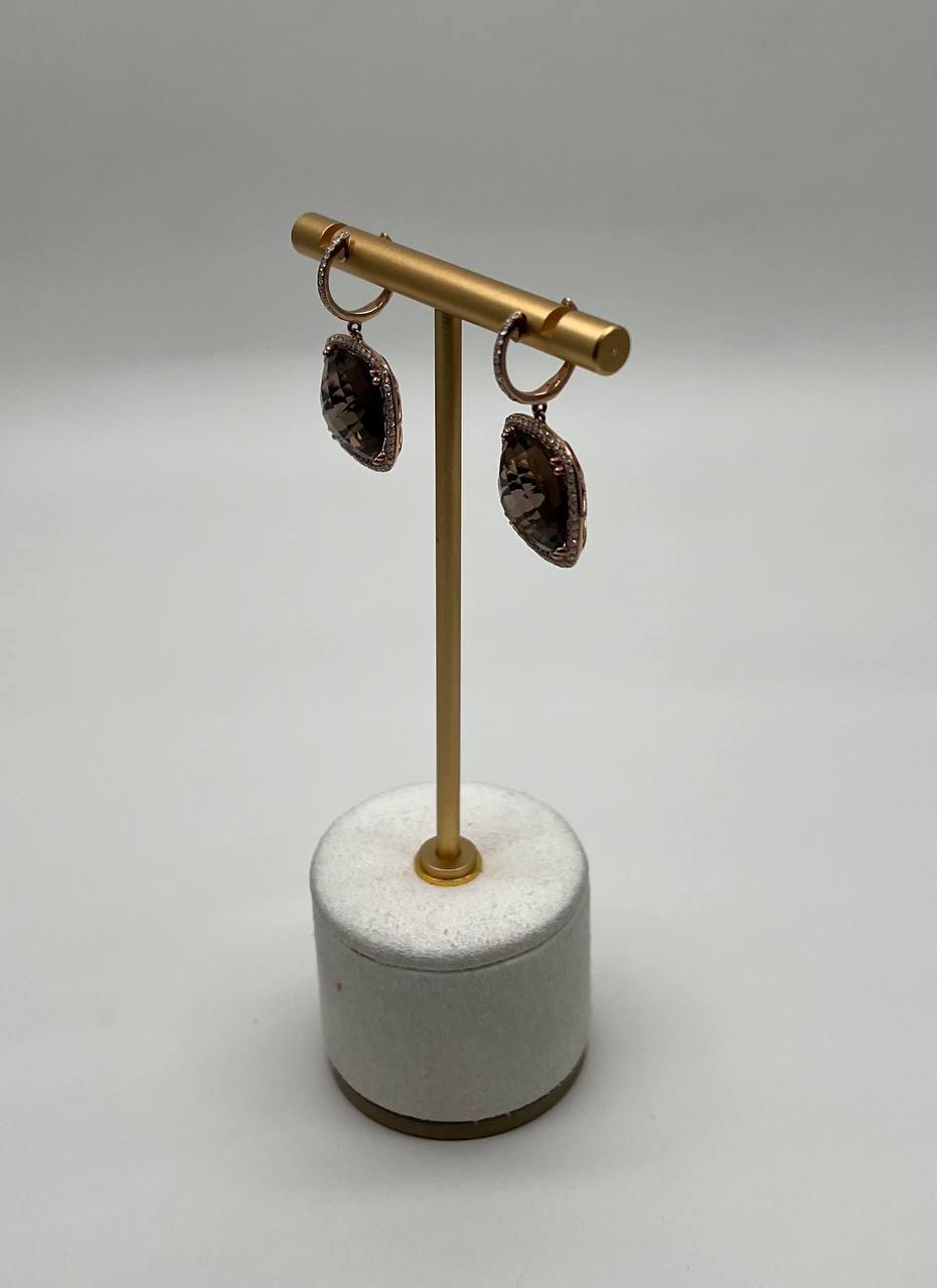 Cushion Shape Brown Smoky Quartz Diamond Halo Set 14K White Gold Drop Earrings